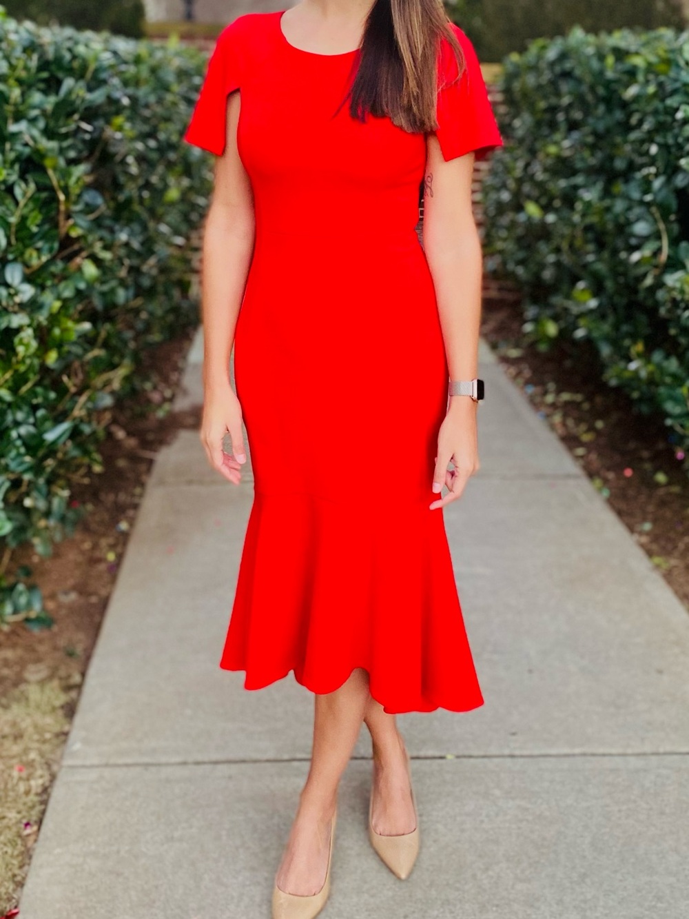 Calvin Klein Vibrant Red Midi Dress with Flared Hem